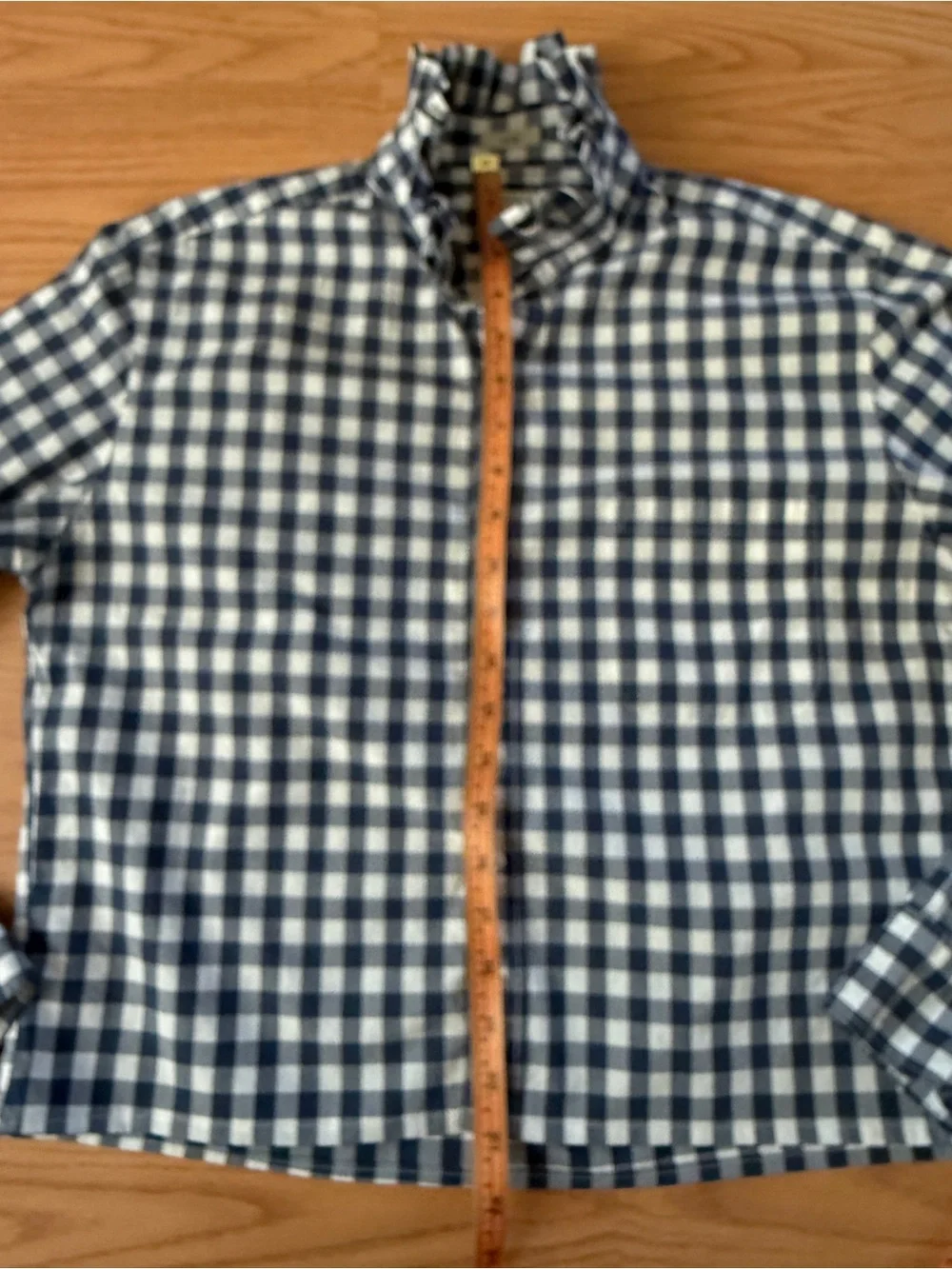 Upcycled J. Crew Navy and White Gingham Button-Down Shirt with Ruffle Neck - Picture 9 of 14